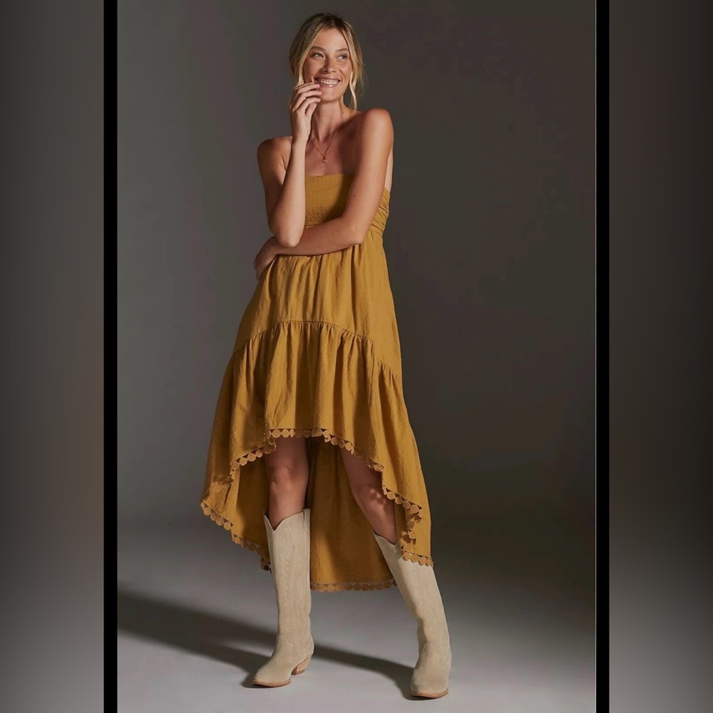 Anthropologie Maeve High-Low Strapless Gold Mustard Midi Dress XS